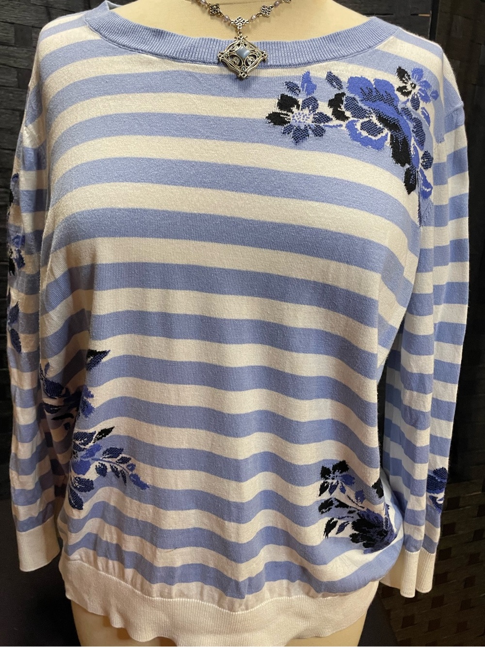 Talbots Blue and White Striped Crewneck Sweater with Floral Accents